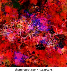 Red abstract pattern of swirling in a spiral, randomly mixed wavy lines, crystals and triangular elements. Seamless vector background. Watercolor effect. Easily editable template
