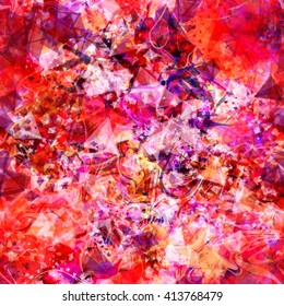Red abstract pattern of swirling in a spiral, randomly mixed wavy lines, crystals and triangular elements. Seamless vector background. Watercolor effect. Easily editable template