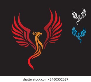 RED ABSTRACT PHOENIX BIRD LOGO, silhouette of great falcon flying vector illustrations