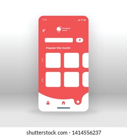 Red abstract products UI, UX, GUI screen for mobile apps design. Modern responsive user interface design of mobile applications including search, popular elements and star, home, user icons