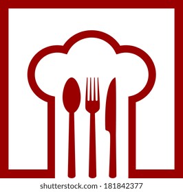 red abstract restaurant sign with spoon, fork and knife