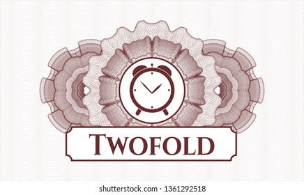Red abstract rosette with alarm clock icon and Twofold text inside