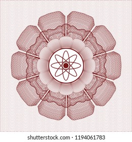 Red abstract rosette with atom icon inside