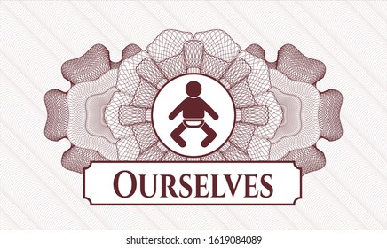 Red abstract rosette with baby icon and Ourselves text inside