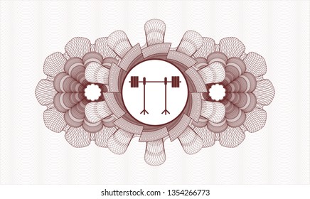 Red abstract rosette with barbell on rack icon inside