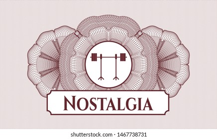 Red abstract rosette with barbell on rack icon and Nostalgia text inside