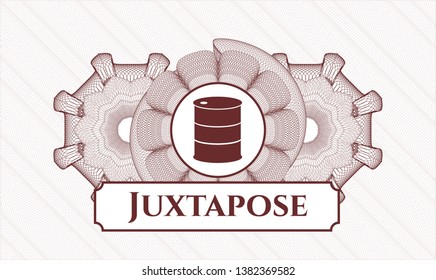 Red abstract rosette with barrel icon and Juxtapose text inside