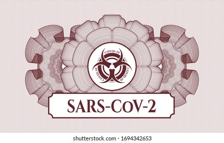 Rosette abstracto rojo con icono covid-19 y texto SARS-CoV-2 dentro