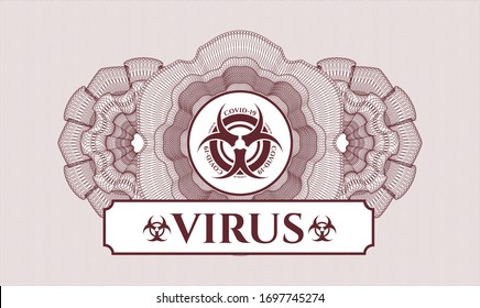 Red abstract rosette with biohazard covid-19 icon and Virus text inside