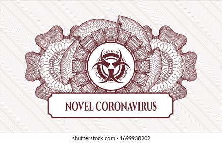 Red abstract rosette with biohazard covid-19 icon and Novel Coronavirus text inside