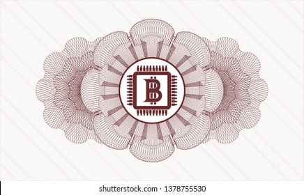 Red abstract rosette with bitcoin chip (cryptocurrency mining concept) icon inside