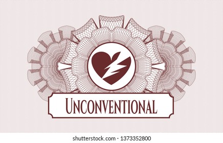 Red abstract rosette with broken heart icon and Unconventional text inside