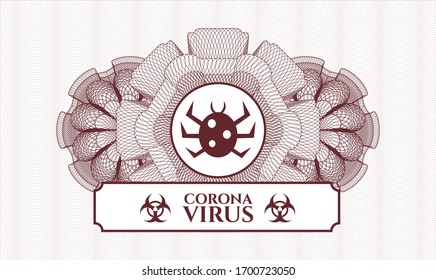 Red abstract rosette with bug icon and Coronavirus text inside