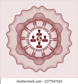 Red abstract rosette with business teamwork and money icon inside