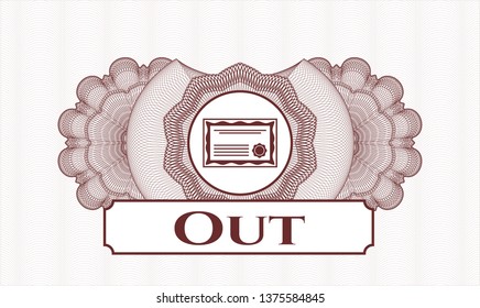 Red abstract rosette with certificate icon and Out text inside
