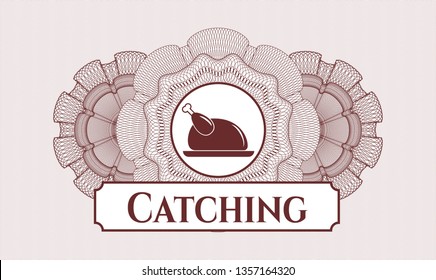 Red abstract rosette with chicken dish icon and Catching text inside