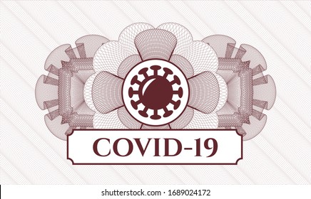 Red abstract rosette with coronavirus icon and COVID-19 text inside