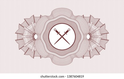 Red abstract rosette with crossed swords icon inside