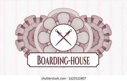 Red abstract rosette with crossed swords icon and Boarding-house text inside