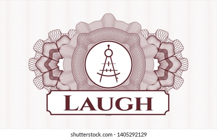 Red abstract rosette with drawing compass icon and Laugh text inside