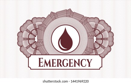 Red abstract rosette with drop icon and Emergency text inside