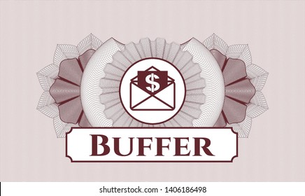 Red abstract rosette with envelope with paper with money symbol inside icon and Buffer text inside