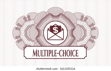Red abstract rosette with envelope with paper with money symbol inside icon and Multiple-choice text inside