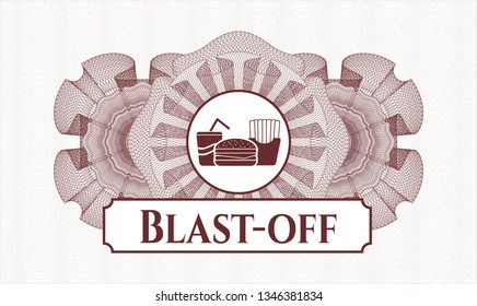 Red abstract rosette with fast food icon and Blast-off text inside