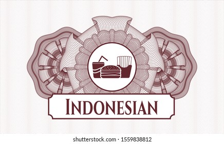 Red abstract rosette with fast food icon and Indonesian text inside