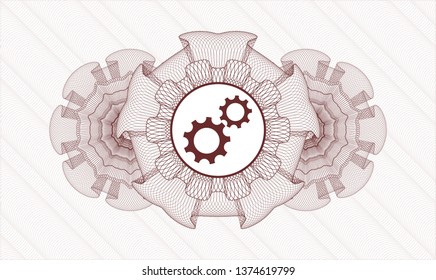 Red abstract rosette with gear, team work icon inside