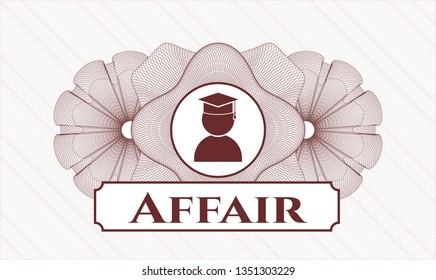 Red abstract rosette with graduation icon and Affair text inside
