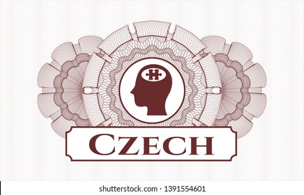 Red abstract rosette with head with jigsaw puzzle piece icon and Czech text inside
