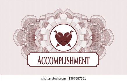 Red abstract rosette with heart with two arrows icon and Accomplishment text inside