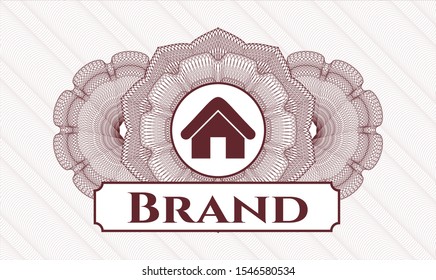 Red abstract rosette with home icon and Brand text inside