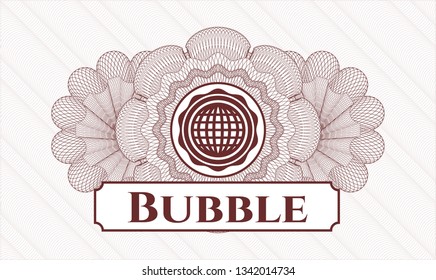 Red abstract rosette with international icon and Bubble text inside