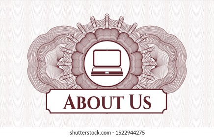 Red abstract rosette with laptop icon and About Us text inside