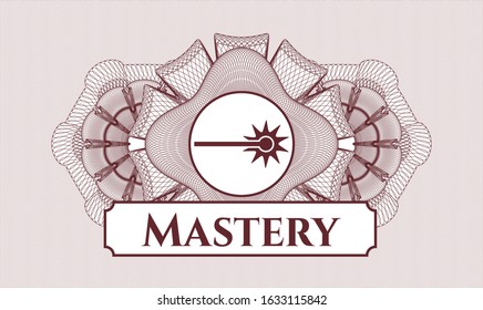 Red abstract rosette with laser icon and Mastery text inside