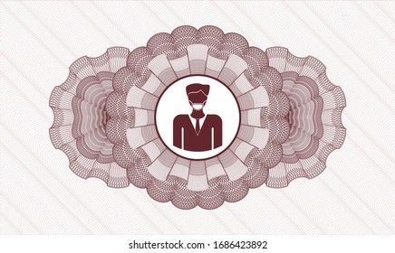 Red abstract rosette with man wearing face mask icon inside