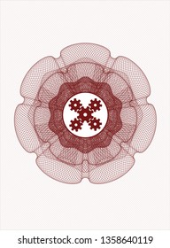 Red abstract rosette with mechanism icon inside