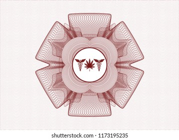 Red abstract rosette with medicinal weed icon inside