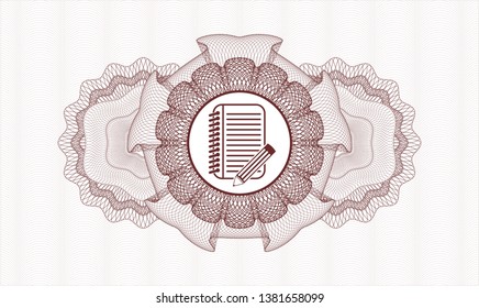 Red abstract rosette with notebook with pencil icon inside