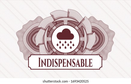 Red abstract rosette with rain icon and Indispensable text inside