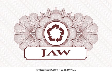 Red abstract rosette with recycle icon and Jaw text inside