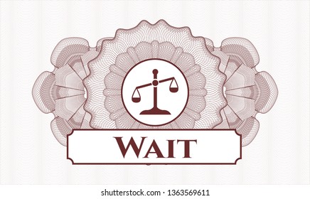 Red abstract rosette with scale icon and Wait text inside