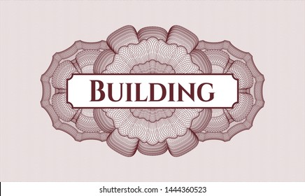 Red abstract rosette with text Building inside