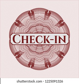Red abstract rosette with text Check-in inside