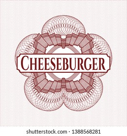 Red abstract rosette with text Cheeseburger inside
