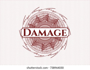 Red abstract rosette with text Damage inside