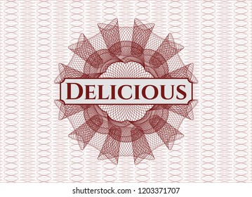 Red abstract rosette with text Delicious inside