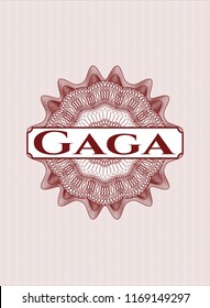 Red abstract rosette with text Gaga inside